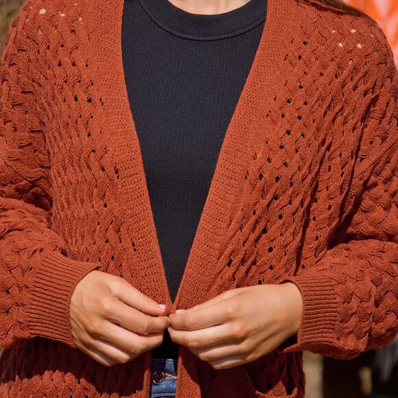 Cupshe Burnt Orange Longline Cardigan Size L | Open Front w/ Pockets | NWT - Picture 4 of 5